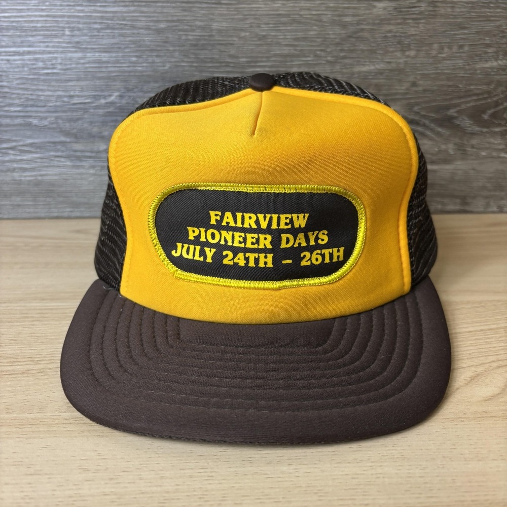 VINTAGE Fairview Pioneer Days Hat Cap Snap Back Yellow Brown Trucker Patch 80s